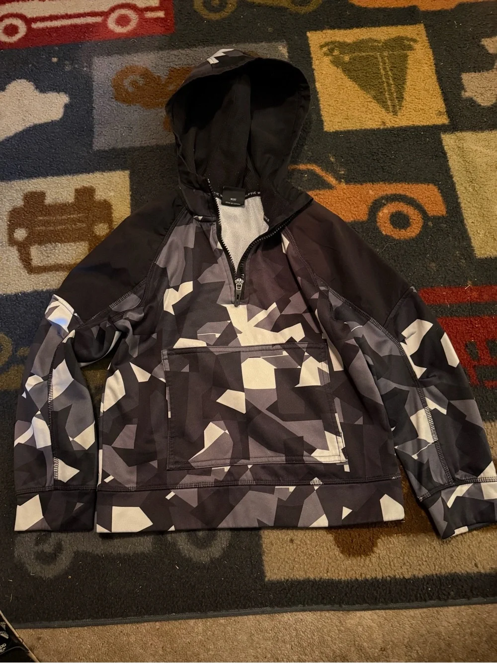 Athletic Works Black and Gray Geometric Hooded Rain Anorak